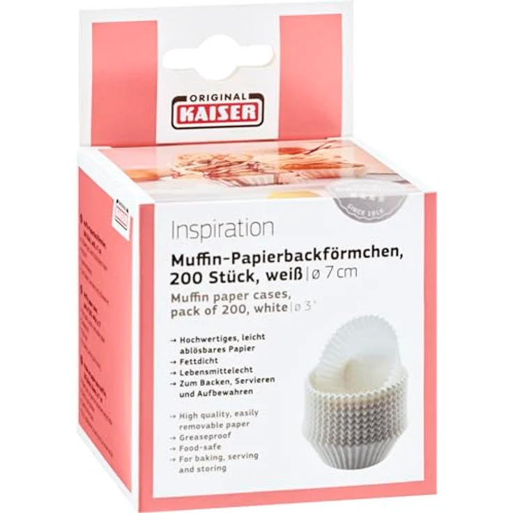 Kaiser Inspiration Muffin Förmchen Papier, 200 Stück, weiß, Ø 7 cm, fettdicht, ideal für süße und herzhafte Muffins – Bild 5