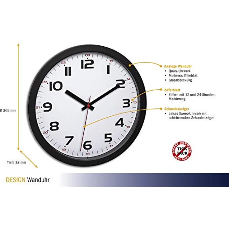 TFA Dostmann Wanduhr Analog, Glas,60.3050.01, gut ablesbar, schwarz, L 305 x B 38 x H 305 mm – Bild 4