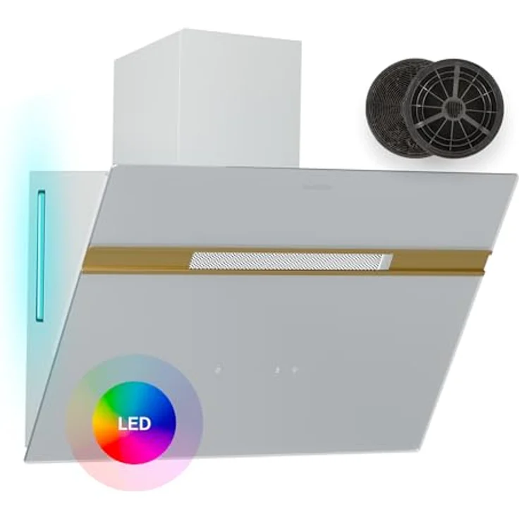 Klarstein Dunstabzugshaube Alina, 60 cm Wandhaube mit 600 m³/h, Energieeffizienzklasse A, LED-Beleuchtung in 9 Farben, Touch-Bedienfeld, Weiß-Gold, Umluftbetrieb möglich – Bild 1