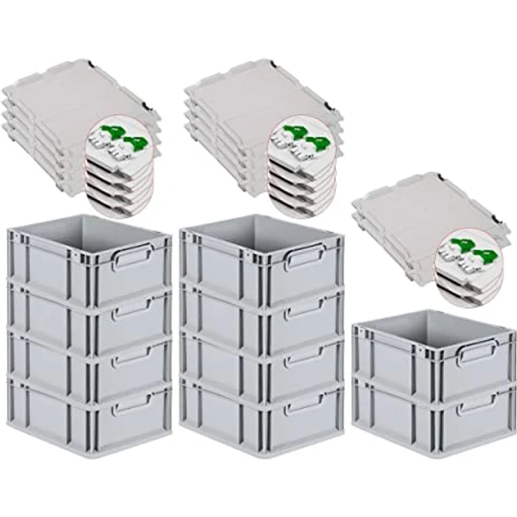 PROREGAL Eurobox NextGen Grip, SuperSparSet 10x, 16 L, grau, mit Scharnierdeckel und grünen Schiebeschnappverschlüssen, HxBxT 17x30x40cm, geschlossenem Griff – Bild 1