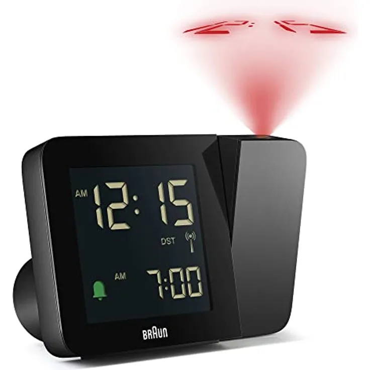Braun BC15B-DCF, Digitaler Funk-Projektionswecker mit negativem LCD-Display, Schnelleinstellung und Alarm-Piepton, schwarz