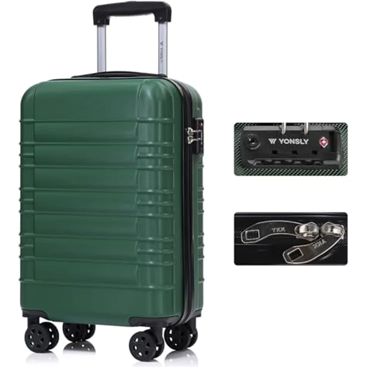 YONSLY Premium Reisekoffer M, Handgepäck Trolley mit TSA-Schloss und YKK-Reißverschluss, 4 Rollen, Dunkelgrün