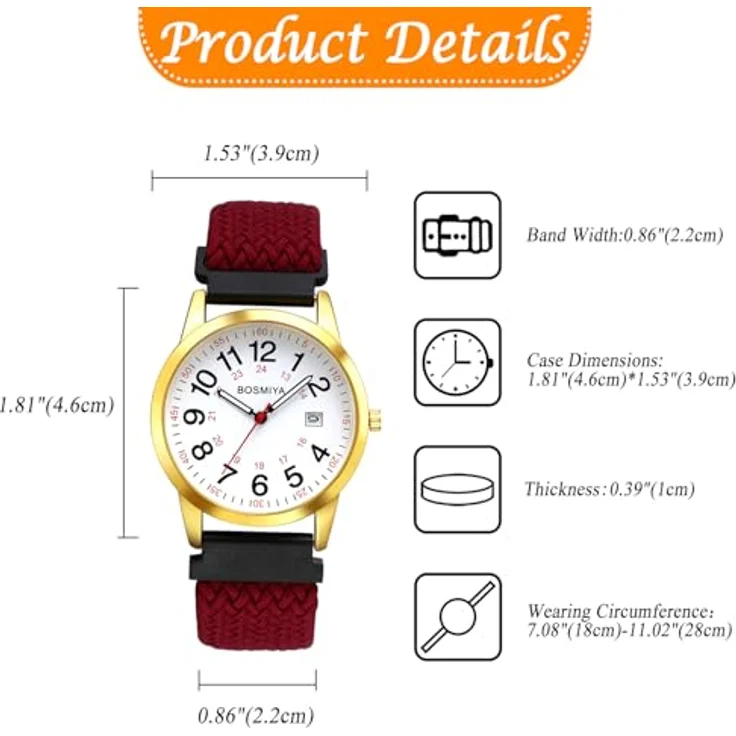 JewelryWe Damenuhr Herrenuhr Geflochten Elastisch, Kalender Analog Quarz Armbanduhr mit 12/24 Stunden Zifferblatt, Weinrot Gewebt Stretcharmband, für Senioren – Bild 4