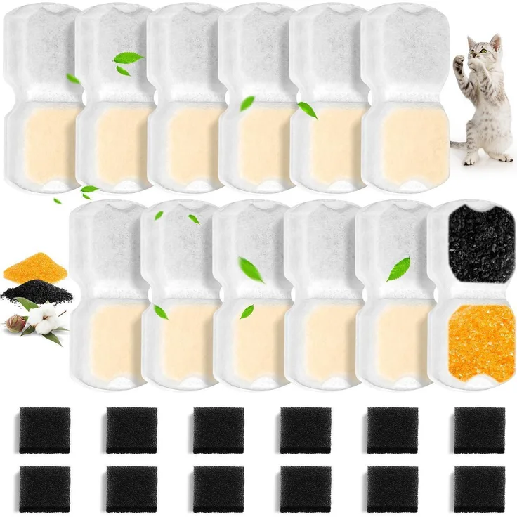 TEOKANTZ Katzenbrunnen Filter Ersatzset, 12 Stück mit Schwämmen, für Giotohun S11 Serie 2,2L/3,2L, 3-Schicht-Filtersystem für sauberes Wasser