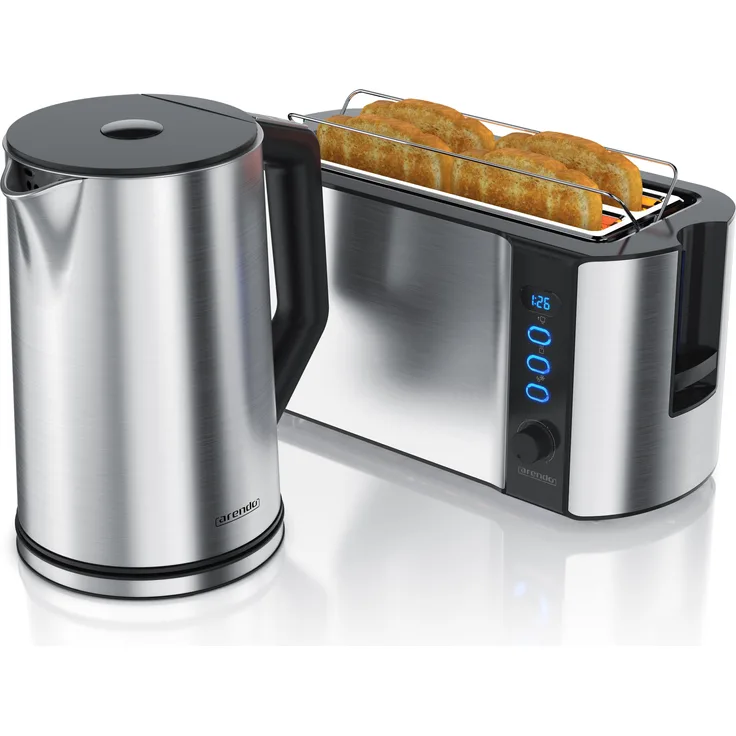 Arendo Frühstücks Set, Edelstahl Wasserkocher 1,5l Temperaturwahl & 4-Scheiben Langschlitz Toaster, Silber, Toaster, Silber