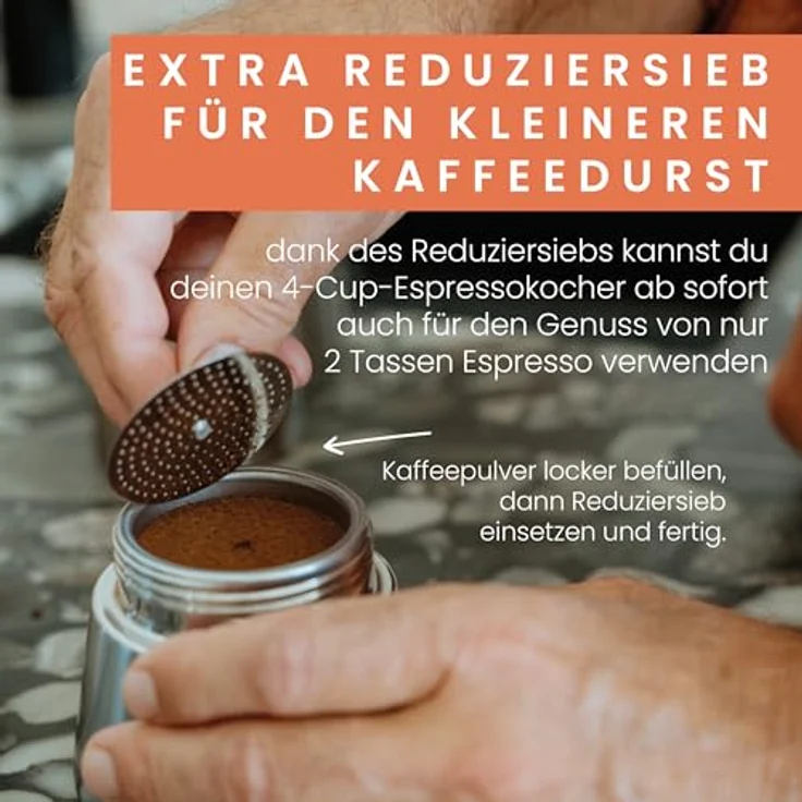 GRØNENBERG Espressokocher Edelstahl, 4 o. 6 Tassen, induktionsgeeignet mit Reduziersieb & Ersatzdichtung, aluminiumfrei & unbeschichtet, 0,2l Kaffeekanne – Bild 2