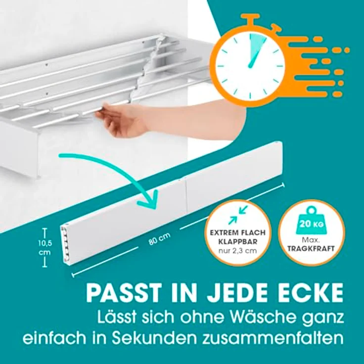EASYmaxx Wandtrockner platzsparend ausziehbar, Edelstahl Wäscheständer zur Wandmontage, 80 cm Wandwäscheständer kompakter Wäschetrockner zum ausfahren, Flacher Wandwäschetrocker mit 4 m Trockenlänge – Bild 2