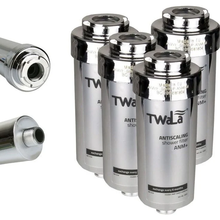 TWaLa Duschfilter Chrom, 4x Wasserfilter gegen Kalk und Chlor, AWF-SWR-P-ANM-M, für weicheres Wasser und gesunde Haut