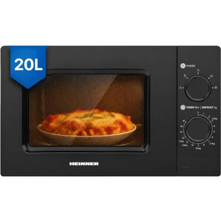 Heinner HMW-MD20MBK Freistehende Mikrowelle, 20 L, 700 W, 5 Leistungsstufen, Mechanische Steuerung, Timer, Auftaufunktion, Schwarz