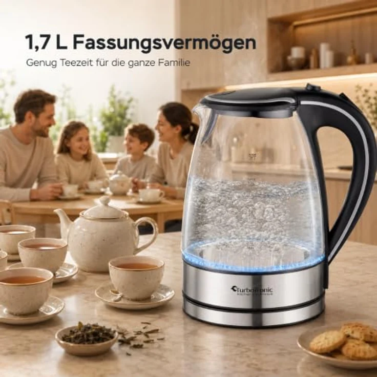 TurboTronic TT-LED01 Wasserkocher, 2200 W Glas mit 1,7 l Fassungsvermögen und blauer LED-Innenbeleuchtung, BPA-frei – Bild 3