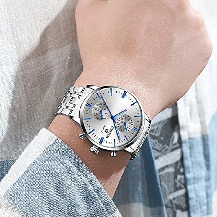JewelryWe Edelstahl Quarz Analog Herrenuhr, Business Mode Kleid Uhr mit Kalender, Blau Silber – Bild 4