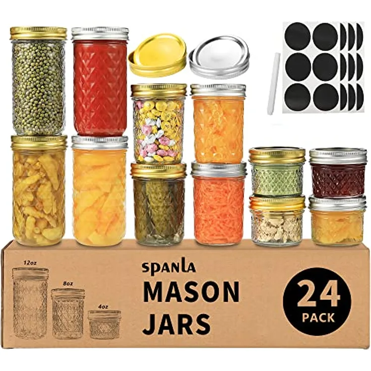 Mason Jars Einmachgläser, 24 Stück Geleeggläser mit regulären Deckeln, ideal für Marmelade, Honig, Hochzeit, Gastgeschenke für Babynahrung, DIY magnetische Gewürzgläser ? 118 ml x 8 OZ x 8, 340 ml x 8 4oz -8oz-12oz farblos