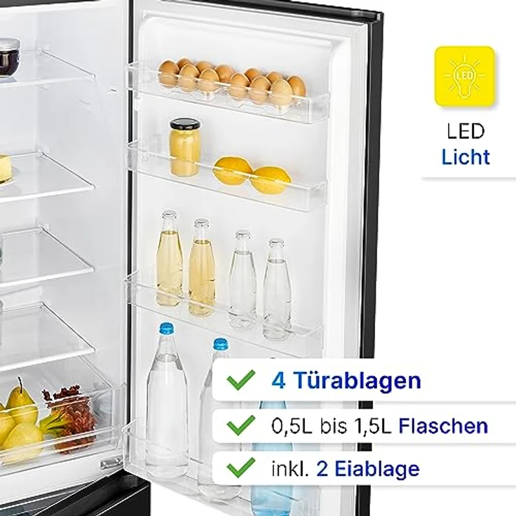 Bomann® Kühlschrank mit Gefrierfach 180cm hoch | Kühl Gefrierkombination 268L mit 4 Ablagen & 3 Schubladen | Türanschlag wechselbar | leise Kühlgefrierkombi mit 36db | Kühlschrank KG 7353 schwarz-inox – Bild 3