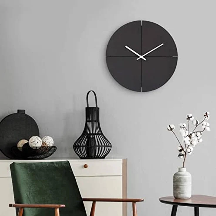 K&L Wall Art Lautlose MDF Holz Wanduhr Schwarz Retro Uhr modern Gold Uhrwerk lautlos Ohne Ticken (Ø 30cm Rund minimalistisch Alu-Zeiger) – Bild 2
