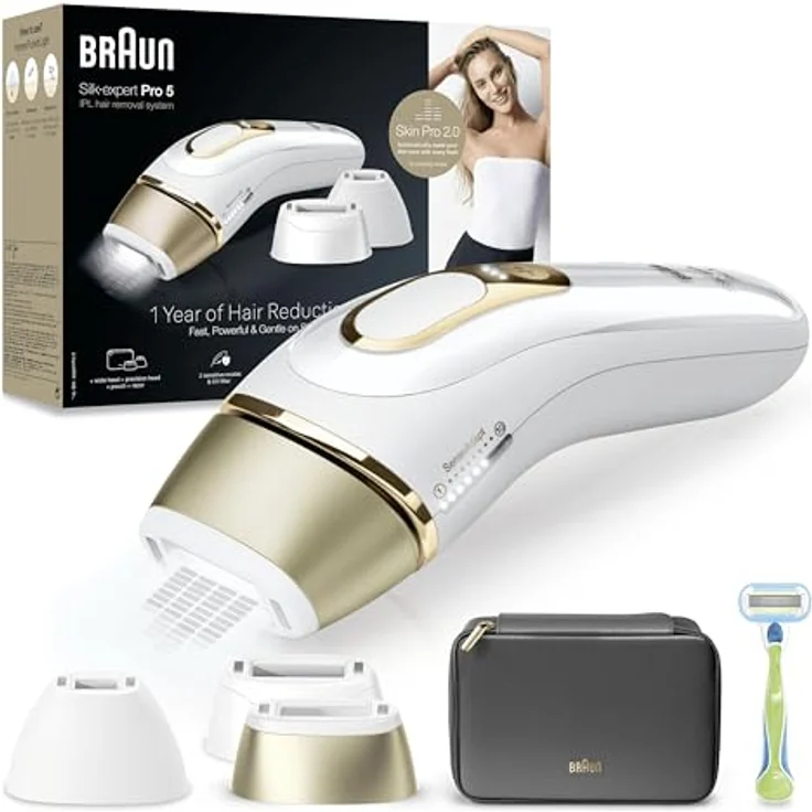Braun IPL Silk-Expert Pro 5 PL5242 Haarentfernung für Zuhause, Weiß/Gold, Alternative zur Laser-Haarentfernung, mit Etui, Venus-Rasiersystem, 3 Köpfe, Geschenk für Frauen – Bild 1