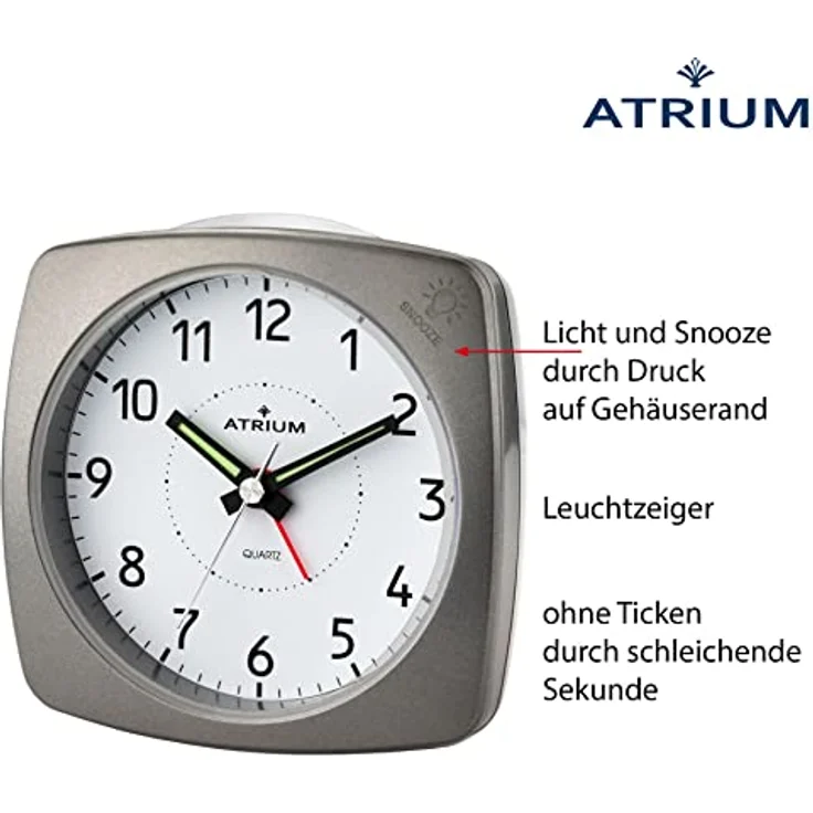 Atrium A251-4 Analog Quarz Wecker, geräuschlos mit Snooze-Funktion, Licht und anthrazitgrauem Gehäuse – Bild 2