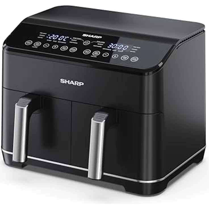 SHARP AF-GD82AE-B Heißluftfritteuse mit 2 Fächern, 2 x 4L mit digitaler Steuerung – Touchdisplay Funktion, 12 Programme, 1800W, Schwarz, Backen ohne Öl – Bild 2