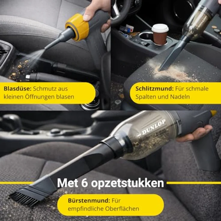 Dunlop Akku Handstaubsauger, Kabellos 36W mit 12000Pa Saugleistung, 5 Aufsätzen und Blasfunktion – USB-C wiederaufladbar, Grau/Gelb – Bild 6