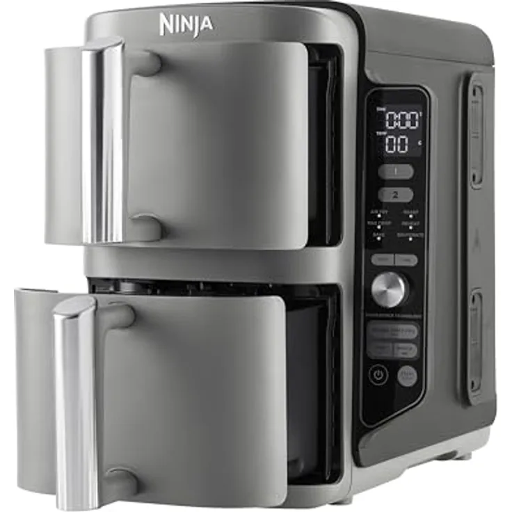 Ninja Double Stack XL Air Fryer Heißluftfritteuse, 9,5L Airfryer, Doppelkorb-Heißluftfritteuse mit 4 Kochstufen, 2 Körben, 2 Rosten, platzsparendes Design, 6 Kochfunktionen, 8 Portionen, Grau SL400EU