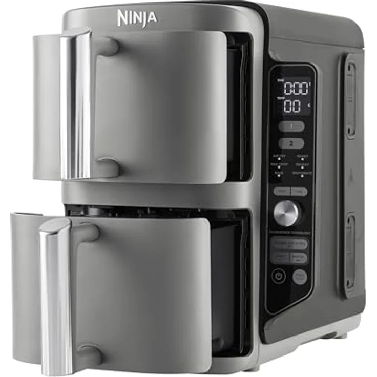 Ninja Double Stack XL Air Fryer Heißluftfritteuse, 9,5L Airfryer, Doppelkorb-Heißluftfritteuse mit 4 Kochstufen, 2 Körben, 2 Rosten, platzsparendes Design, 6 Kochfunktionen, 8 Portionen, Grau SL400EU – Bild 1
