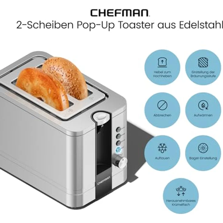 Chefman 2-Slice Pop-Up Stainless Steel Toaster w- 7 Shade Settings Extra Wide Slots for Toasting Bagels, Defrost-Reheat-Cancel Functions, Removable Crumb Tray, 850W, 120V, Silver – Bild 3