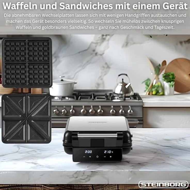 Steinborg® 2-in-1 Waffeleisen & Sandwichmaker, 1500 Watt mit Touch Panel & LED-Display, abnehmbare antihaftbeschichtete Platten, spülmaschinengeeignet, für Belgische Waffeln & Sandwiches – Bild 3
