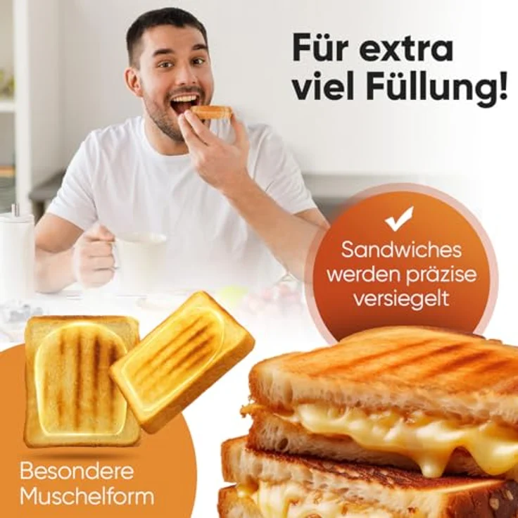 ProfiCook Sandwichmaker PC-ST 1297, Edelstahl Sandwichmaker mit muschelförmigen Platten, 750W, Antihaftbeschichtung, Überhitzungsschutz – Bild 2