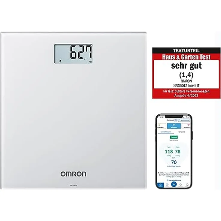 OMRON HN300T2 Intelli IT – smarte, digitale Personenwaage für zu Hause mit Bluetooth-Anbindung an Smartphone-App – Bild 1