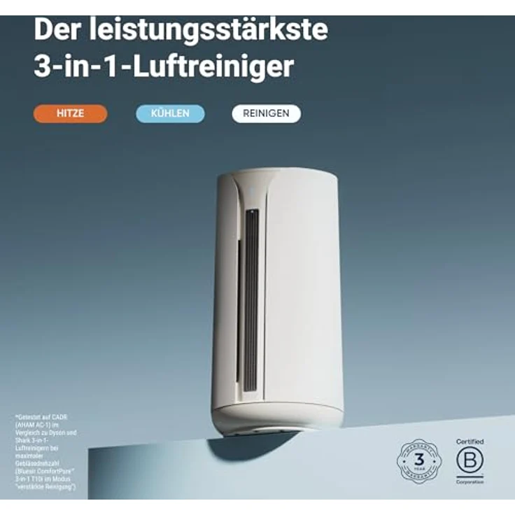 BLUEAIR ComfortPure T10i, 3-in-1 Luftreiniger mit HEPA Silent Technologie, Kühlen, Heizen, Reinigen, für Zuhause, Haustiere, Allergien, Staub, Rauch, Gerüche, sanfte Leinenfarbe – Bild 2