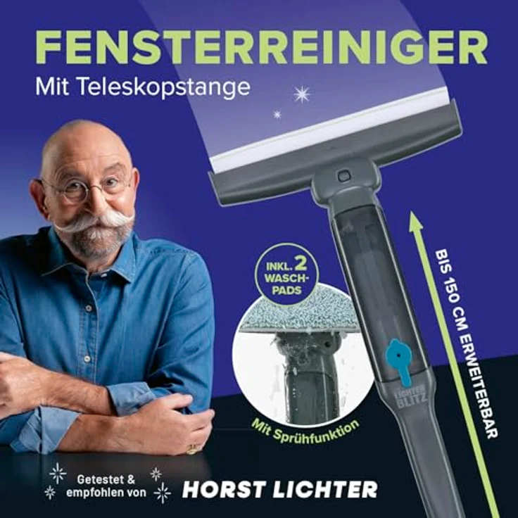 Lichterblitz Fensterreiniger 3-in-1 Sprühwischer Set, 6-teilig mit Teleskopstange und waschbaren Wischtüchern für streifenfreie Reinigung von Glasoberflächen – Bild 2