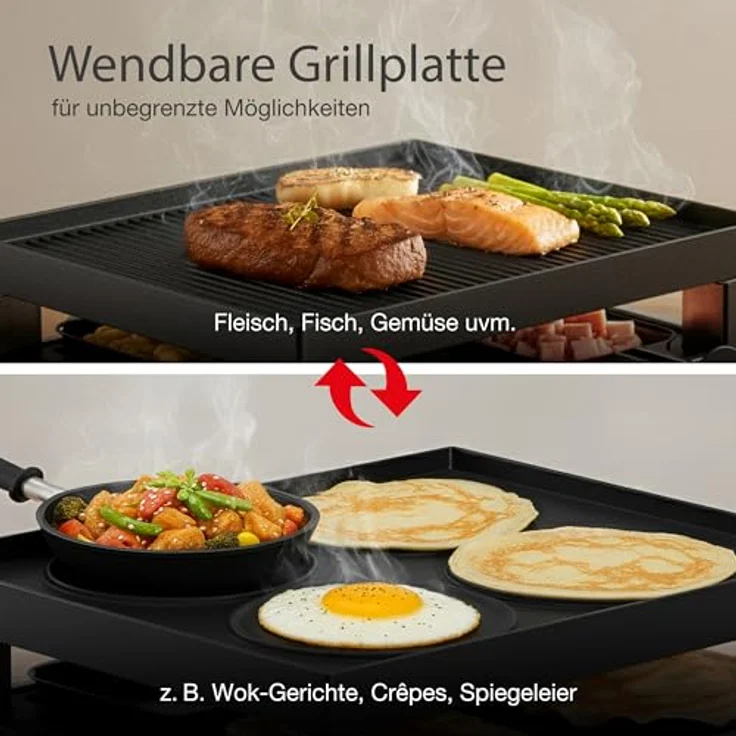 SOLIS OF SWITZERLAND Raclette & Pizza Grill for 4, Typ 7910, 1020 W, Wendbare Grillplatte, 4 Raclettepfännchen, Edelstahl, schwarz – Bild 6