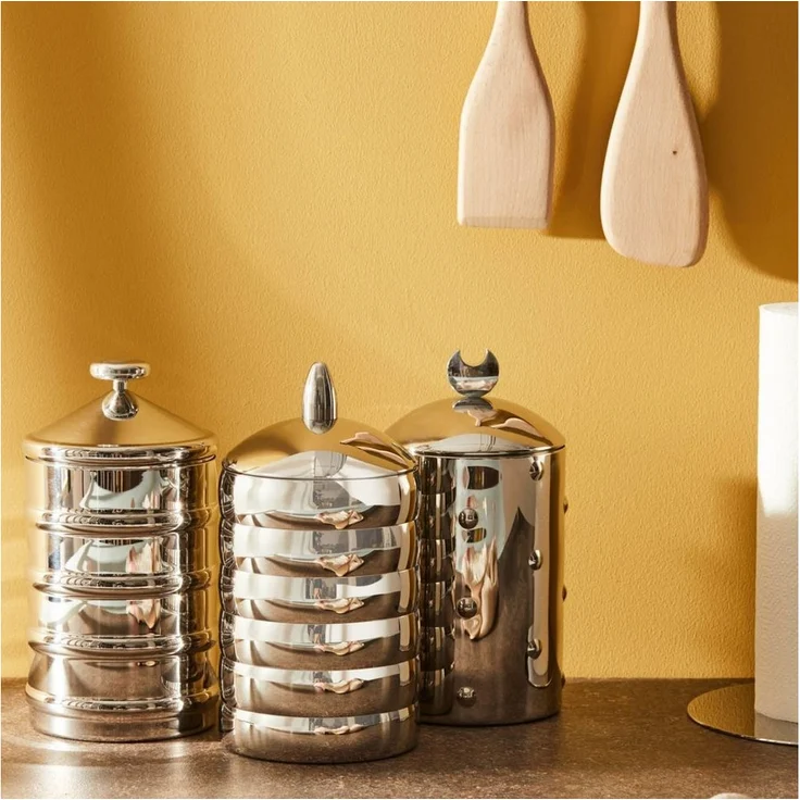 Alessi Vorratsdose Kalistò 3, Edelstahl, glänzend poliert, mit Aluminiumknopf