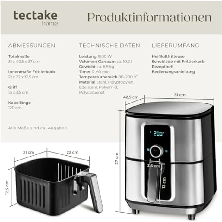 TecTake Ben Heißluftfritteuse, ohne Öl, 1800W, Fassungsvermögen 10,2 l, spülmaschinenfeste Teile, Display, Antihaftbeschichtung, Edelstahl, silber – Bild 7