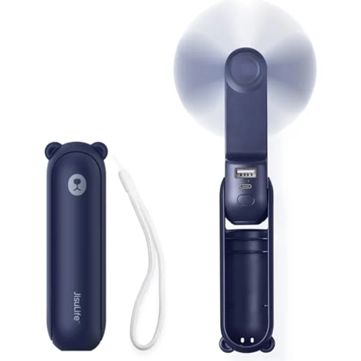 JISULIFE Mini Handventilator 3-in-1, wiederaufladbar mit Powerbank und Taschenlampe, bis zu 19 Stunden Betriebsdauer, tragbarer Ventilator für Reisen/Sommer, Blau – Bild 1