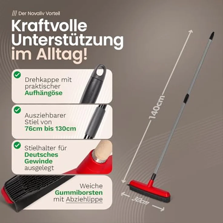 Novaliv 4X Gummibesen mit Teleskopstiel, ideal für die Entfernung von Tierhaaren auf Teppich, Laminat und Parkett, inkl. Abziehlippe, ausziehbar von 74 cm bis 129 cm – Bild 2