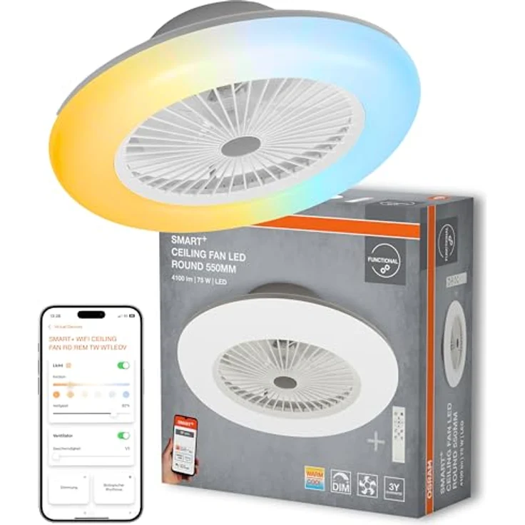 Osram WiFi Deckenventilator mit LED Lampe, dimmbar, 3000 Lumen, Lichtfarbe warmweiß bis tageslichtweiß, App-Steuerung & Fernbedienung, weiß – Bild 1
