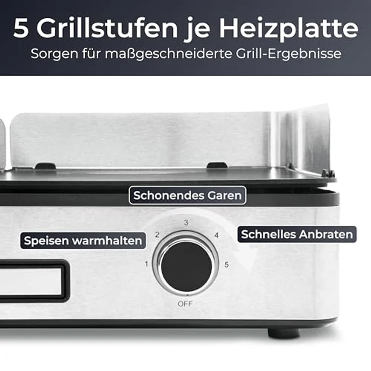 KLAMER Elektrogrill, antihaftbeschichtete und abnehmbare Duo-Platten, separate Temperatureinstellung, 5 Grillstufen, mit Wind-/ Spritzschutz & Auffangschale, 2400 Watt Leistung, Tischgrill – Bild 4