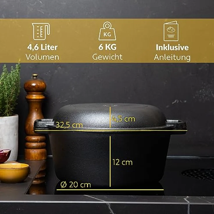 Chefarone® Gusseisen Topf Brot Backen Mit Deckel 4.6L - Brottopf 26CM - Robuster Brotbacktopf - Brotbackform Rund - Brotbacken – Bild 4