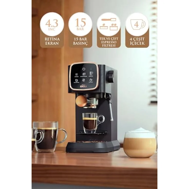 Arzum Okka OK0034-0500 Espressomaschine mit Siebträger Chrom mit Milchaufschäumdüse, Touchscreen, 15 bar Pumpendruck – Bild 2