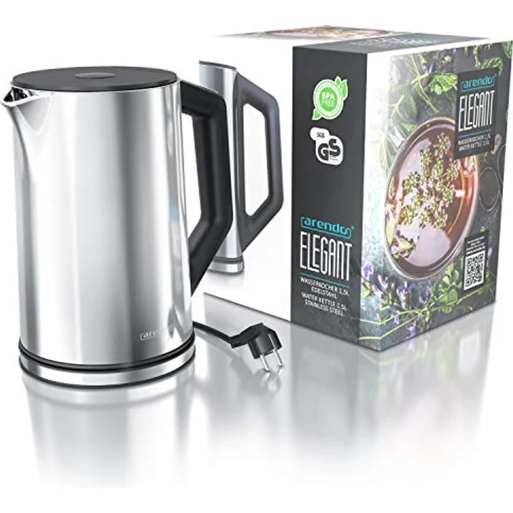 Arendo Edelstahl Wasserkocher mit Temperatureinstellung 40-100 Grad in 5er Schritten - Doppelwand Design - Modell ELEGANT - 1,5 Liter - 2200 W - Teekocher mit Temperaturanzeige - Silber glänzend – Bild 6