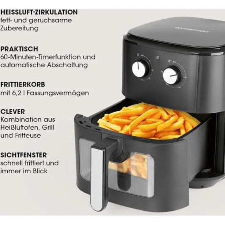 GOURMETmaxx Heißluftfritteuse 6,2 L (1500 W) | AirFryer mit Abschaltautomatik für punktgenaue Ergebnisse | Schonende Zubereitung ohne Öl | Ideal für z.B. Pommes, ChickenWings oder sonstiges [schwarz] – Bild 3