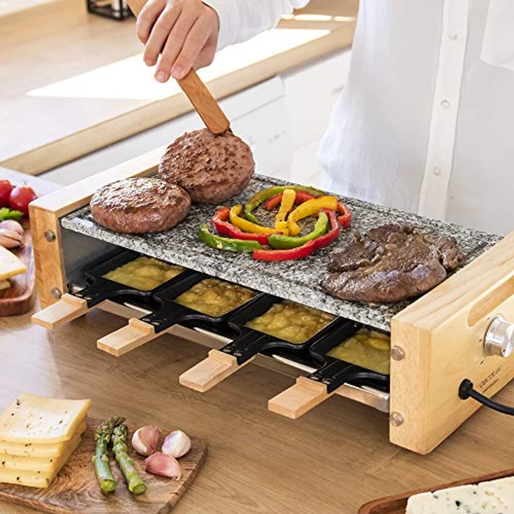 Cecotec Holz Raclette Käse & Grill 8200 Holz Schwarz. 1200 W, Grillfläche, 8 Einzelpfannen, Antihaftplatte, einstellbarer Thermostat, abnehmbares Design (Holz, AllStone) – Bild 4