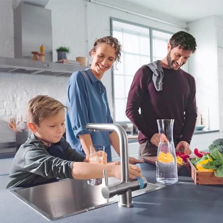 BRITA 3-Wege-Küchenarmatur (Edelstahl, rund) mit BRITA P 1000 Wasserfilter - für gefiltertes und ungefiltertes Wasser aus der Leitung – Bild 4