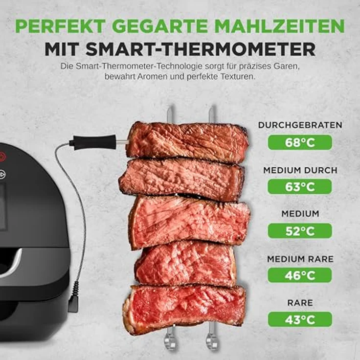 Nutrichef Indoor Smokeless Grill, Smart Grill & Heißluftfritteuse mit 7 Kochfunktionen, 6L Kapazität, Smart-Thermometer, präzise Temperaturkontrolle, abnehmbare Antihaft-Grillplatten – Bild 2