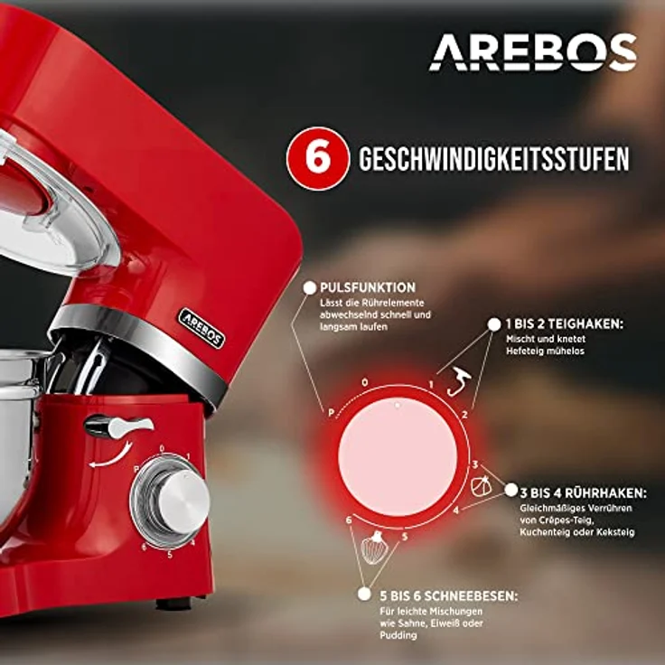 Arebos Küchenmaschine 1500W Rot | Knetmaschine mit 2x Edelstahl-Rührschüsseln 4,5 & 5,5L | Geräuscharm | Küchenmixer mit Rührhaken, Knethaken, Schlagbesen und Spritzschutz | 6 Geschwindigkeiten – Bild 2