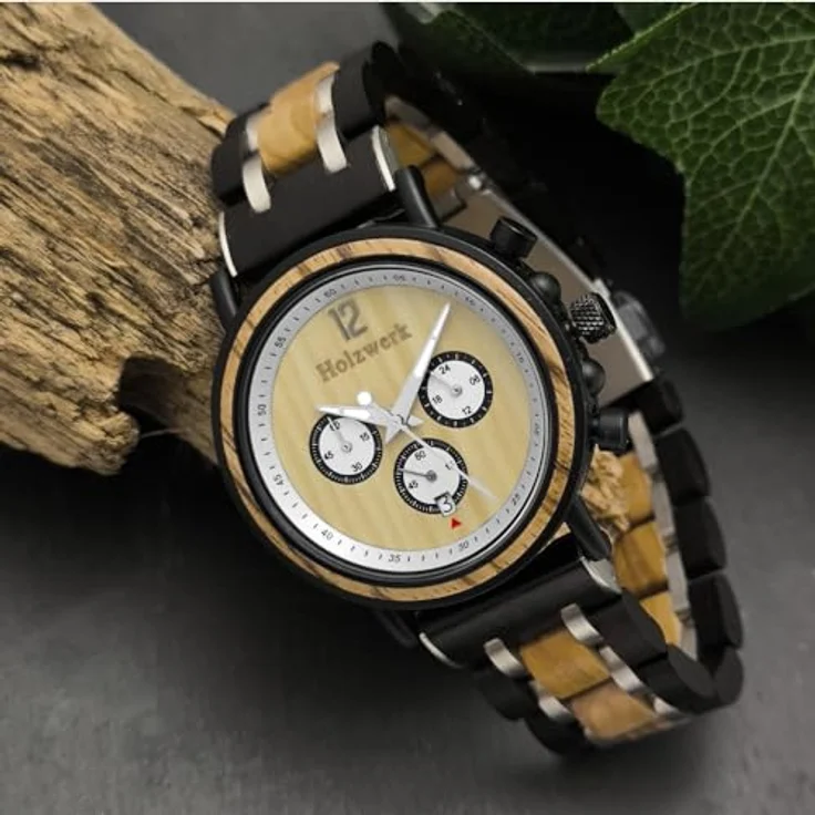 Holzwerk Chronograph DETMOLD Herren Holz Armband Uhr mit Datum, Schwarz/Beige/Silber, 3 Chronographen, Edelstahl/Holz, Japanisches Quarzwerk – Bild 2