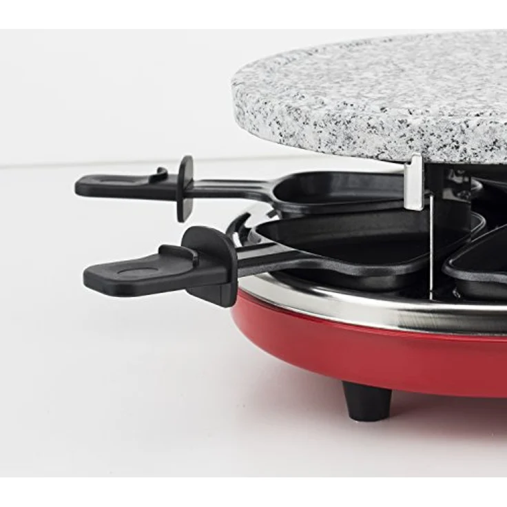 H.Koenig RP412 Raclette-Gerät 4 in 1 - 8 Personen - Raclette, Natursteingrill, Crepe-Platte und Grillplatte - mit 8 Pfännchen - 900 W - schwarz-rot – Bild 8