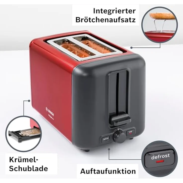 Bosch TAT3P424DE Toaster Kompakt deep red crystal Rot  – Bild 2