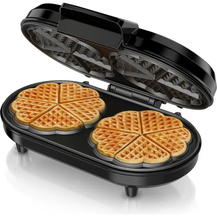 Arendo Waffeleisen Doppel Waffelautomat, 1000 W, für 2 Herzwaffeln mit stufenloser Temperaturregelung und Antihaftbeschichtung, schwarz/silber
