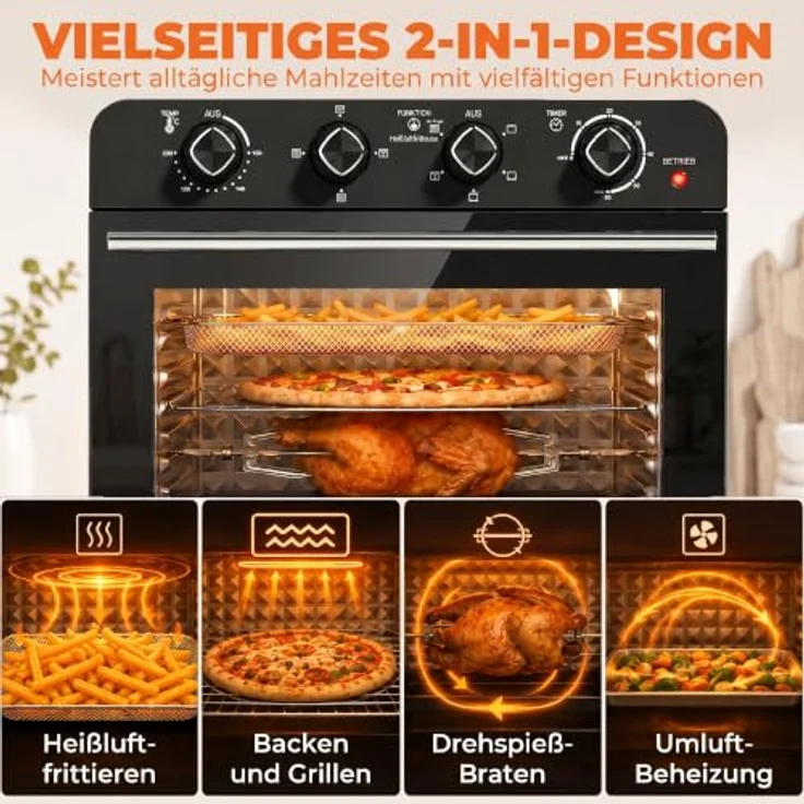 HOMCOM 36L Heißluftfritteuse Mini Backofen mit Umluft, Backblech, Rost, 1800 W, für Familienportionen – Bild 4